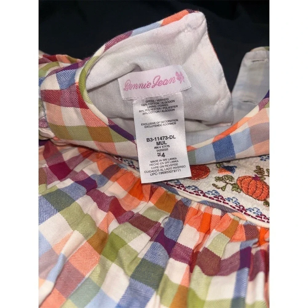 Bonnie Jean Girl Dress Size 4 Plaid autumn Smocked Pumpkin L/S fall thanksgiving